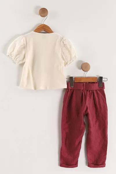 Bordo (2-6 Yaş) Kelebek Nakışlı Kol Brode Kız Çocuk Yazlık Takım 436526