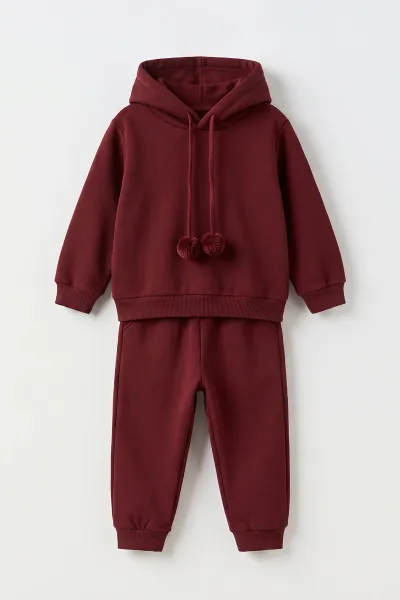 Bordo (2-6 Yaş) Ponponlu 3 İp Şardonlu Kapüşonlu Erkek Çocuk Takım 499446