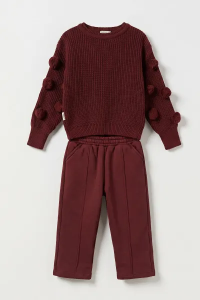 Bordo (2-6 Yaş) Ponponlu  Triko Kazaklı Kız Çocuk Kışlık Takım 483121