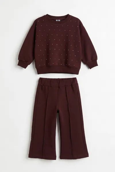 Bordo (2-6 Yaş) Taş Baskılı İspanyol Paça 2 İp Kız Çocuk Takım 475745
