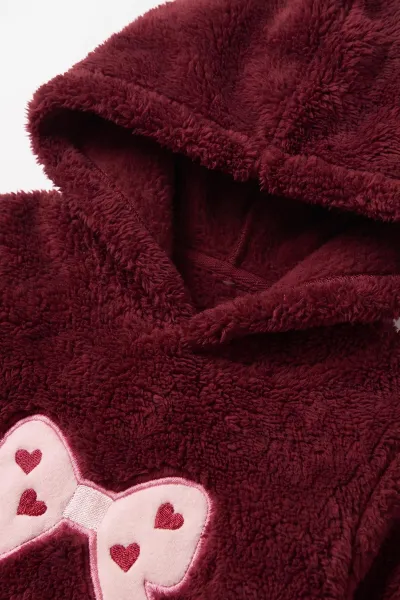 Bordo (2-7 Yaş) Kelebekli Kiraz Nakışlı Peluş Kız Çocuk Takım 482559