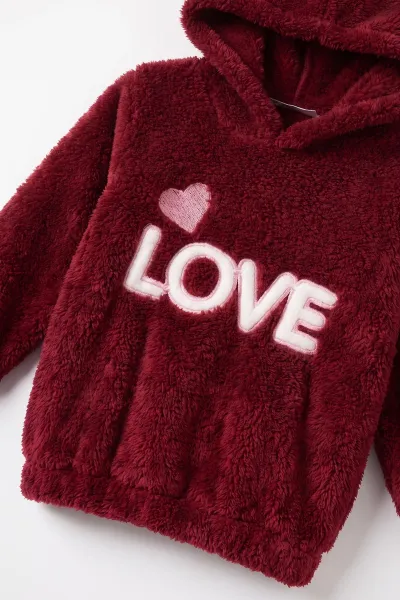 Bordo (2-7 Yaş) Love Nakışlı Kapüşonlu Peluş Kız Çocuk Kışlık Takım 483210