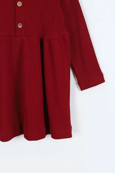 Bordo (2-7 Yaş) Yakadan Yarım Düğmeli Fitilli Kız Çocuk Elbise 400432