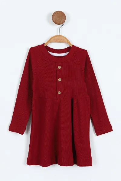 Bordo (2-7 Yaş) Yakadan Yarım Düğmeli Fitilli Kız Çocuk Elbise 400432