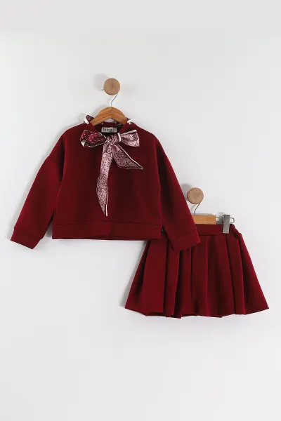 bordo-3-10-yas-fularli-ve-pileli-etekli-oysho-kiz-cocuk-takim-437206