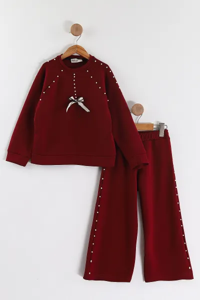bordo-3-10-yas-incili-fiyonk-aksesuarli-oysho-kiz-cocuk-takim-437230