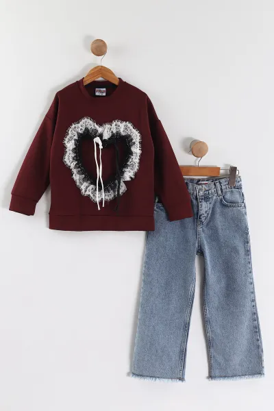 Bordo (3-10 Yaş)  Kalp Nakışlı Taşlı Sweatli Lazer Kesim Kot  Pantolonlu Kız Çocuk 2'li Takım 443410