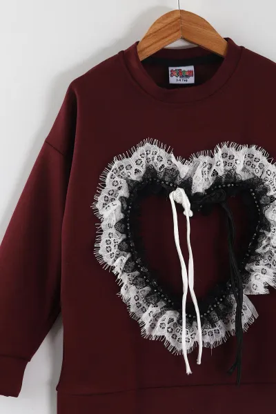Bordo (3-10 Yaş)  Kalp Nakışlı Taşlı Sweatli Lazer Kesim Kot  Pantolonlu Kız Çocuk 2'li Takım 443410