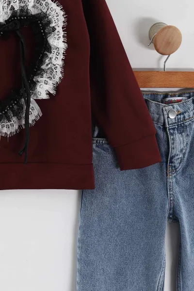 Bordo (3-10 Yaş)  Kalp Nakışlı Taşlı Sweatli Lazer Kesim Kot  Pantolonlu Kız Çocuk 2'li Takım 443410