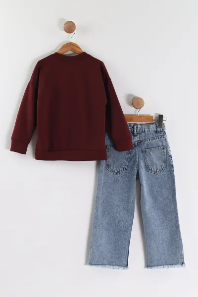 Bordo (3-10 Yaş)  Kalp Nakışlı Taşlı Sweatli Lazer Kesim Kot  Pantolonlu Kız Çocuk 2'li Takım 443410