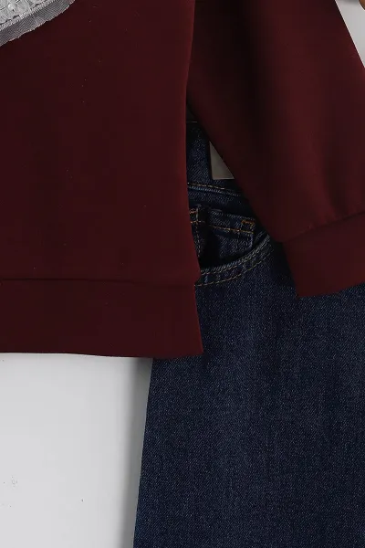 Bordo (3-10 Yaş)  Tüllü İnci Nakışlı  Lazer Kesim Kot Pantolonlu Kız Çocuk 2'li Takım 437379
