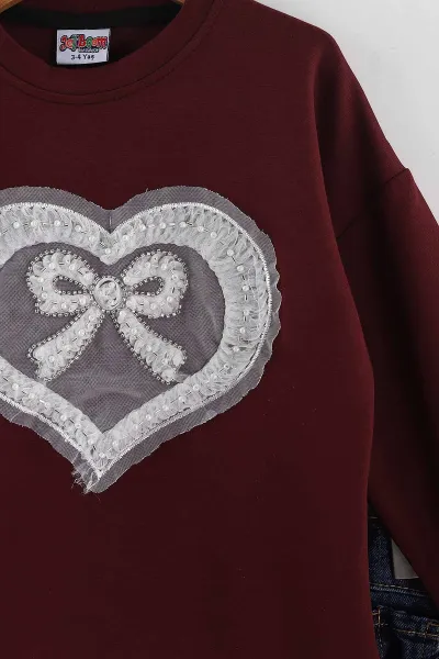 Bordo (3-10 Yaş)  Tüllü İnci Nakışlı  Lazer Kesim Kot Pantolonlu Kız Çocuk 2'li Takım 437379