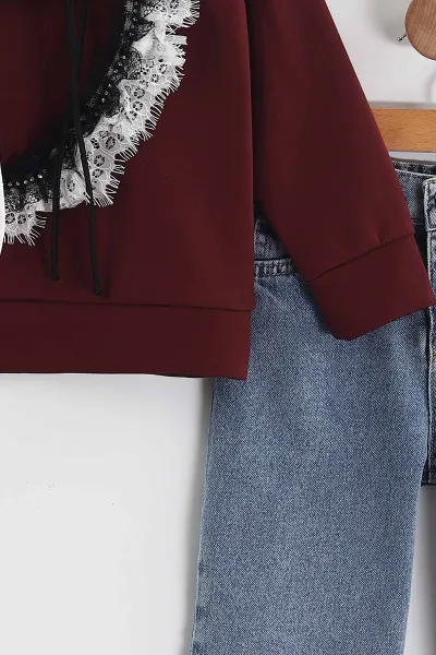 Bordo (3-10 Yaş)  Tüllü Nakışlı Lazer Kesim Kot Pantolonlu Kız Çocuk 2'li Takım 437392