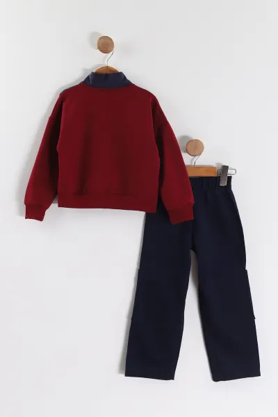 Bordo (3-10 Yaş)Baskılı Yakası Fermuarlı Sweatli Gabardin Pantolonlu Erkek Çocuk Takım 443380