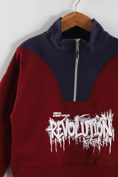 Bordo (3-10 Yaş)Baskılı Yakası Fermuarlı Sweatli Gabardin Pantolonlu Erkek Çocuk Takım 443380