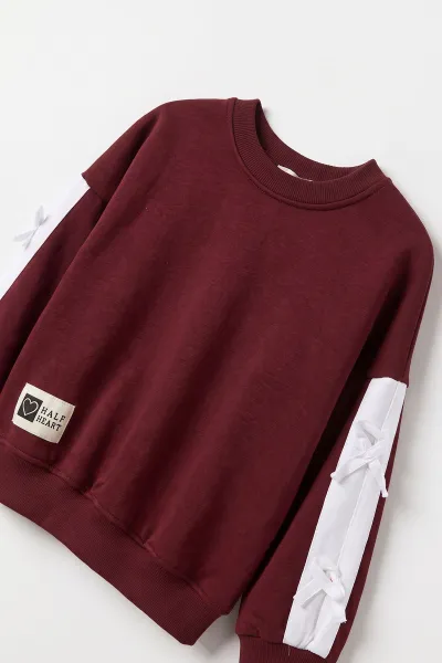 Bordo (3-12 Yaş) Kolları Fiyonklu 3 İp Şardonlu Kız Çocuk Kışlık Takım 494480