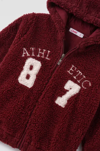 Bordo (3-12 Yaş)Athletic Nakışlı Kapüşonlu  Fermuarlı Polar Kuzu Hırka 484858