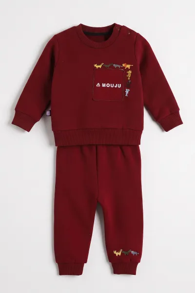 Bordo (3-24 Ay)  Cep Üstü Nakışlı   3 İp Şardonlu Erkek Bebek Kışlık Takım 486790