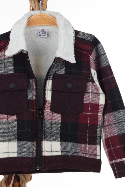 Bordo (3-7/8-12 Yaş) Snow Guard Nakışlı Yaka Kürklü Fermuarlı Erkek Çocuk Ceket 143447
