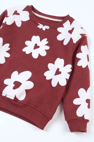 Bordo (3-8 Yaş)Komple Çiçek Baskılı 3 İp Şardonlu Kız Çocuk Takım 486327