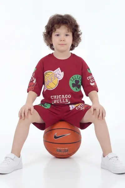 Bordo (3-8 Yaş)Lakers Takım Baskılı Şortlu Erkek Çocuk Takım 445358