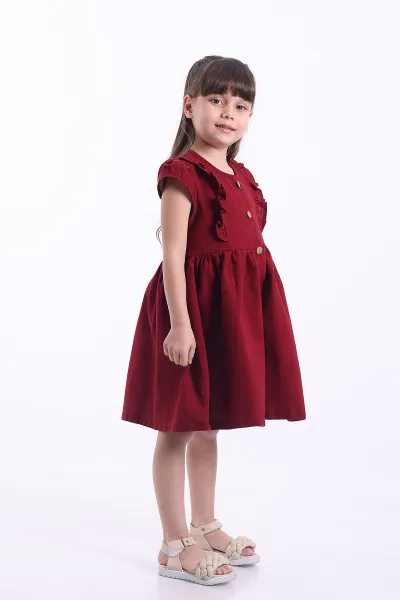 Bordo (3-8 Yaş)Önden Fırfırlı Düğmeli Kız Çocuk Elbise 345123