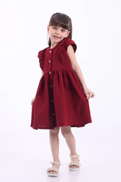 Bordo (3-8 Yaş)Önden Fırfırlı Düğmeli Kız Çocuk Elbise 345123