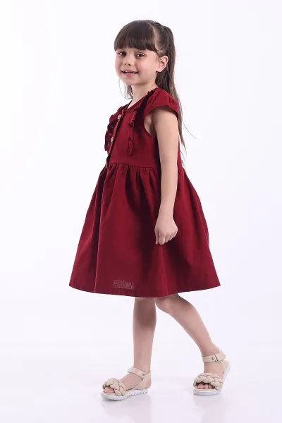 Bordo (3-8 Yaş)Önden Fırfırlı Düğmeli Kız Çocuk Elbise 345123