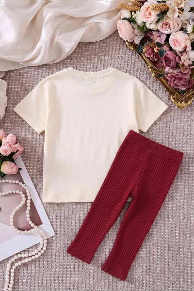 Bordo (4-10 Yaş)Çiçek Nakışlı Brode Cep Detaylı Taytlı Kız Çocuk Takım 469870
