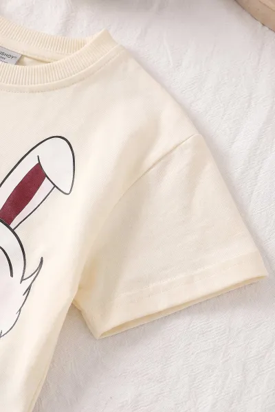 Bordo (4-10 Yaş)Daisy Duck Baskılı  Alt Fitilli Baskılı Şort Diz Boy Kısa Taytlı Kız Çocuk Yazlık Takım 469890