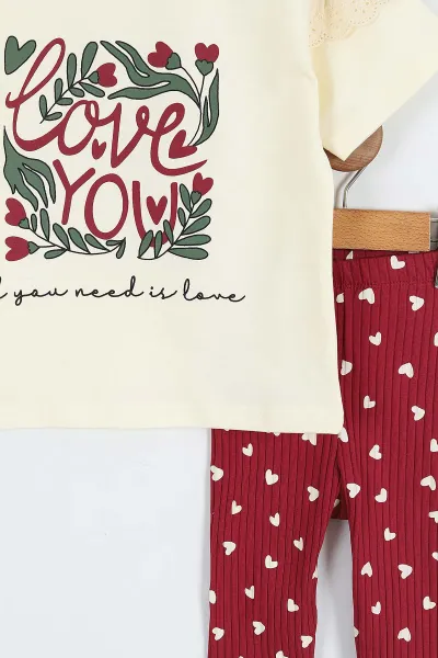 Bordo (4-10 Yaş)Love Kalp Baskılı  Bilek Üstü  Kapri   Taytlı   Kız Çocuk Takım 357297