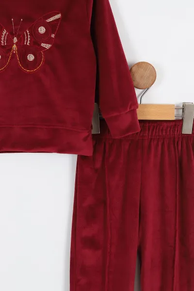 Bordo (4-11 Yaş)Kelebek Nakışlı Kadife Kız Çocuk Takım 308795