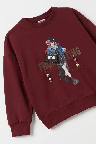 Bordo (4-12 Yaş) Baskılı ve Aksesuarlı Oysho Kız Çocuk 2'li Takım 502062