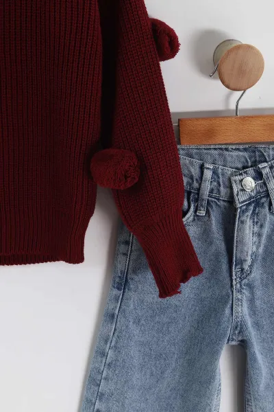 Bordo (4-12  Yaş)  Ponponlu Triko Kazaklı Kot Pantolonlu Kız Çocuk Takım 443474