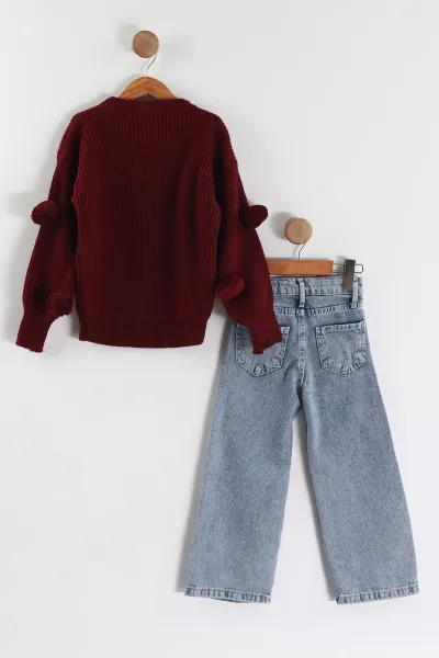 Bordo (4-12  Yaş)  Ponponlu Triko Kazaklı Kot Pantolonlu Kız Çocuk Takım 443474