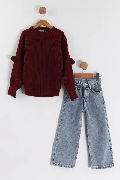 Bordo (4-12  Yaş)  Ponponlu Triko Kazaklı Kot Pantolonlu Kız Çocuk Takım 443474