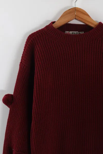 Bordo (4-12  Yaş)  Ponponlu Triko Kazaklı Kot Pantolonlu Kız Çocuk Takım 443474
