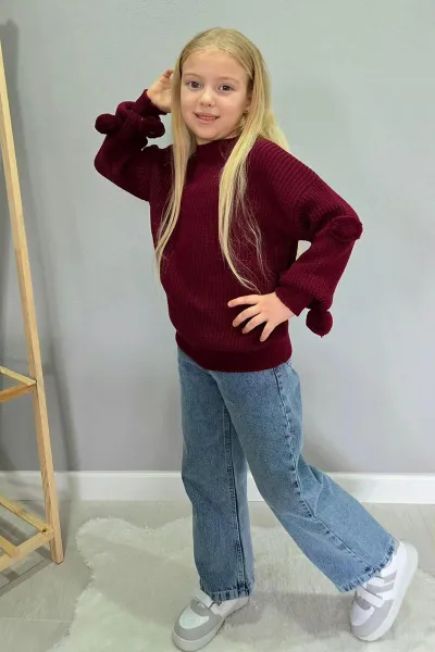 Bordo (4-12  Yaş)  Ponponlu Triko Kazaklı Kot Pantolonlu Kız Çocuk Takım 443474
