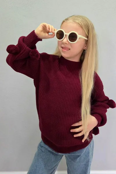Bordo (4-12  Yaş)  Ponponlu Triko Kazaklı Kot Pantolonlu Kız Çocuk Takım 443474