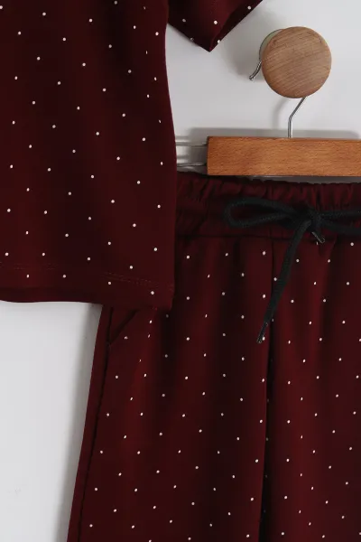Bordo (4-12 Yaş)Mıu Baskılı Puantiyeli Kız Çocuk Takım 455265