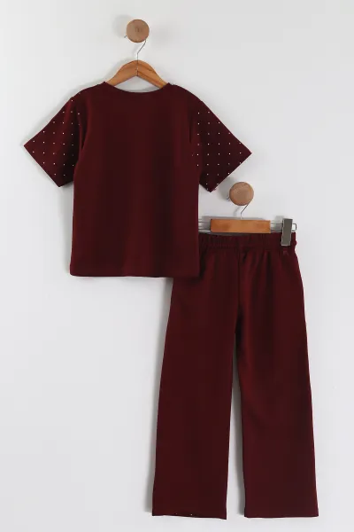 Bordo (4-12 Yaş)Mıu Baskılı Puantiyeli Kız Çocuk Takım 455265