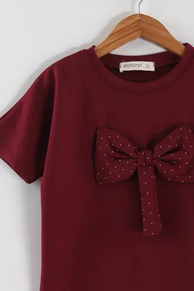 Bordo (4-12 Yaş)Puantiye Fiyonklu Oysho Kumaş Kız Çocuk Takım 458633