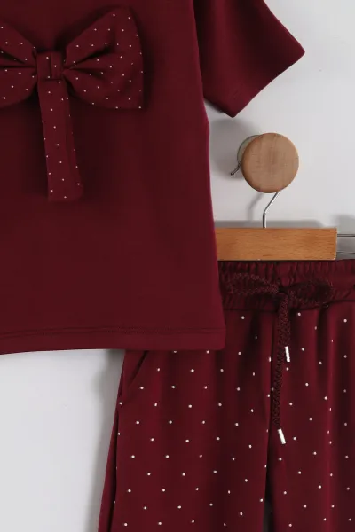 Bordo (4-12 Yaş)Puantiye Fiyonklu Oysho Kumaş Kız Çocuk Takım 458633