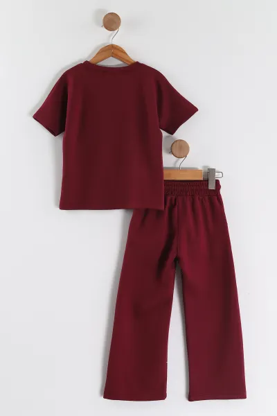Bordo (4-12 Yaş)Puantiye Fiyonklu Oysho Kumaş Kız Çocuk Takım 458633