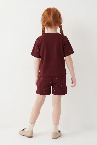 Bordo (4-13 Yaş) Fiyonklu Puantiye Desen Şortlu Oysho Kız Çocuk Yazlık Takım 456036