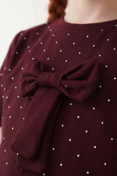 Bordo (4-13 Yaş) Fiyonklu Puantiye Desen Şortlu Oysho Kız Çocuk Yazlık Takım 456036