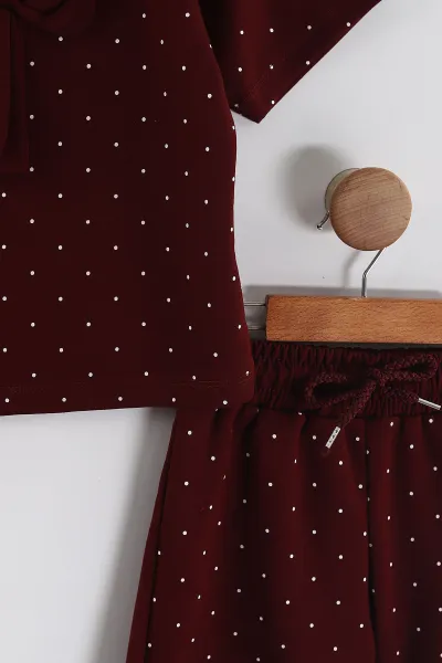Bordo (4-13 Yaş) Fiyonklu Puantiye Desen Şortlu Oysho Kız Çocuk Yazlık Takım 456036