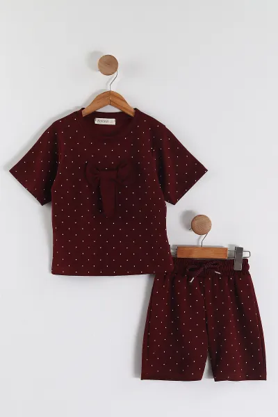Bordo (4-13 Yaş) Fiyonklu Puantiye Desen Şortlu Oysho Kız Çocuk Yazlık Takım 456036