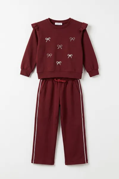 Bordo (5-10 Yaş) İncili Kurdela Nakışlı  Oysho Kız Çocuk Mevsimlik Takım 481793