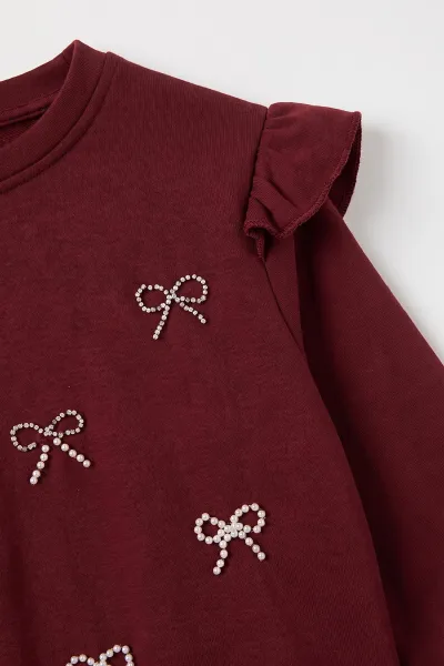 Bordo (5-10 Yaş) İncili Kurdela Nakışlı  Oysho Kız Çocuk Mevsimlik Takım 481793